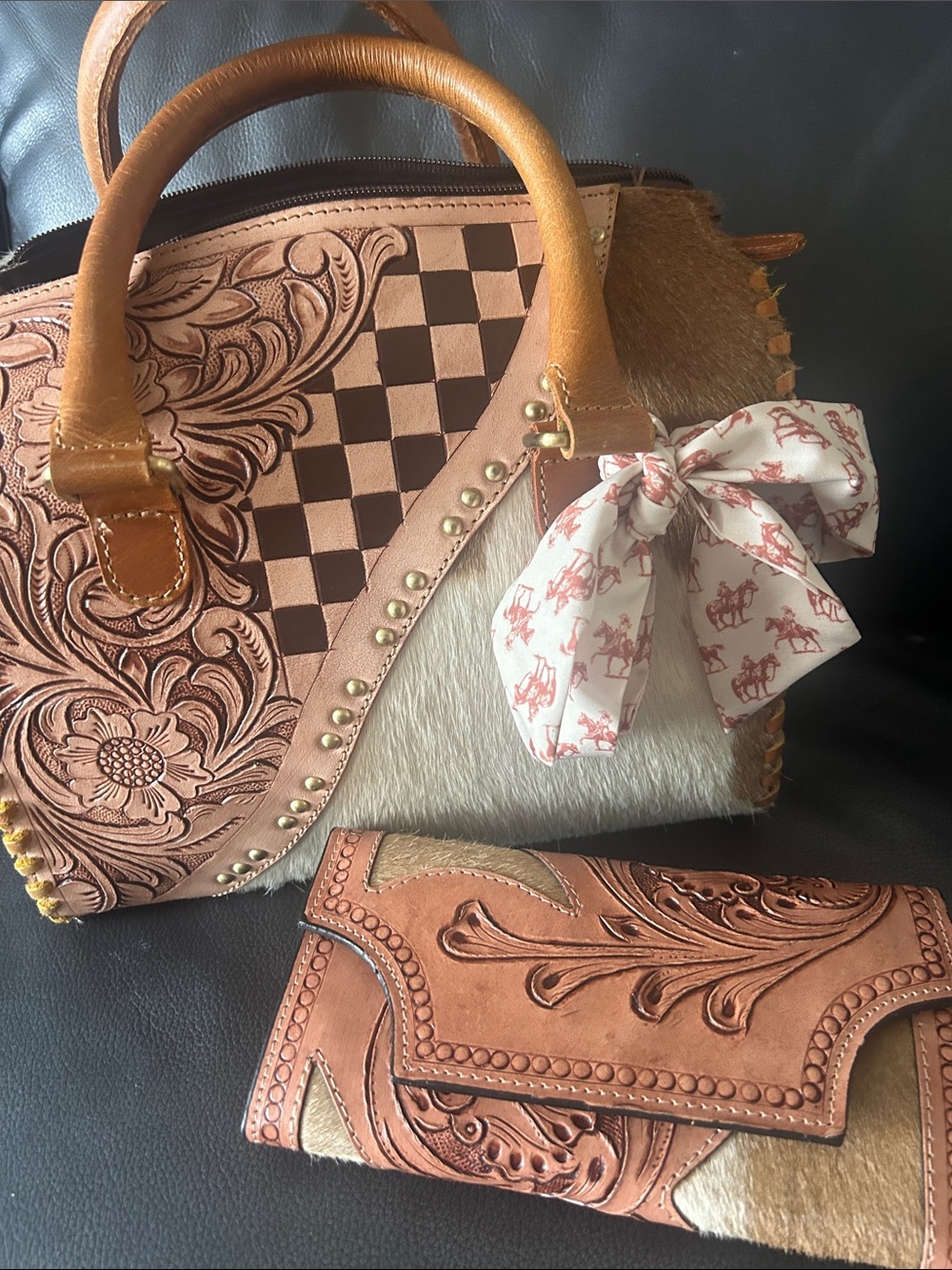 Tooled Leather & Haircalf Satchel in Tan and Cream with Bow Accent